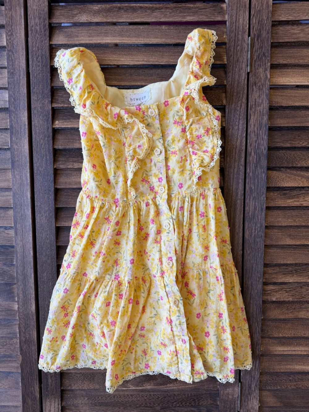 btween Yellow Floral Sundress Pink Flower Print, Ruffle Lace Detail & Buttons 6